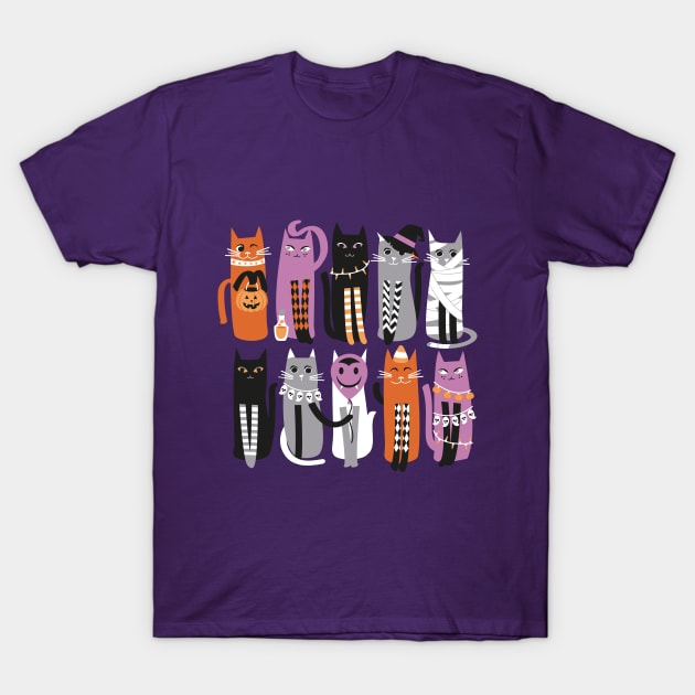 High Gothic Halloween Cats // print // purple background orange grey purple white and black kittens T-Shirt by SelmaCardoso